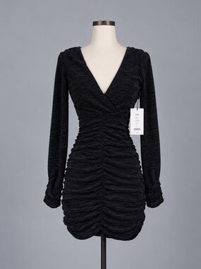 LINI Black Ruched Long Sleeve Mini Dress – Size XS – NWT